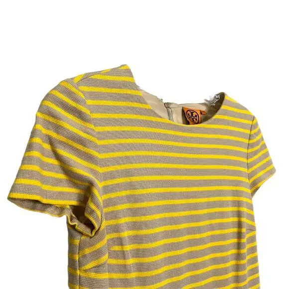 Tory Burch A-Line Mini Dress Yellow Striped Short Sleeve Crew Neck Cotton Size S